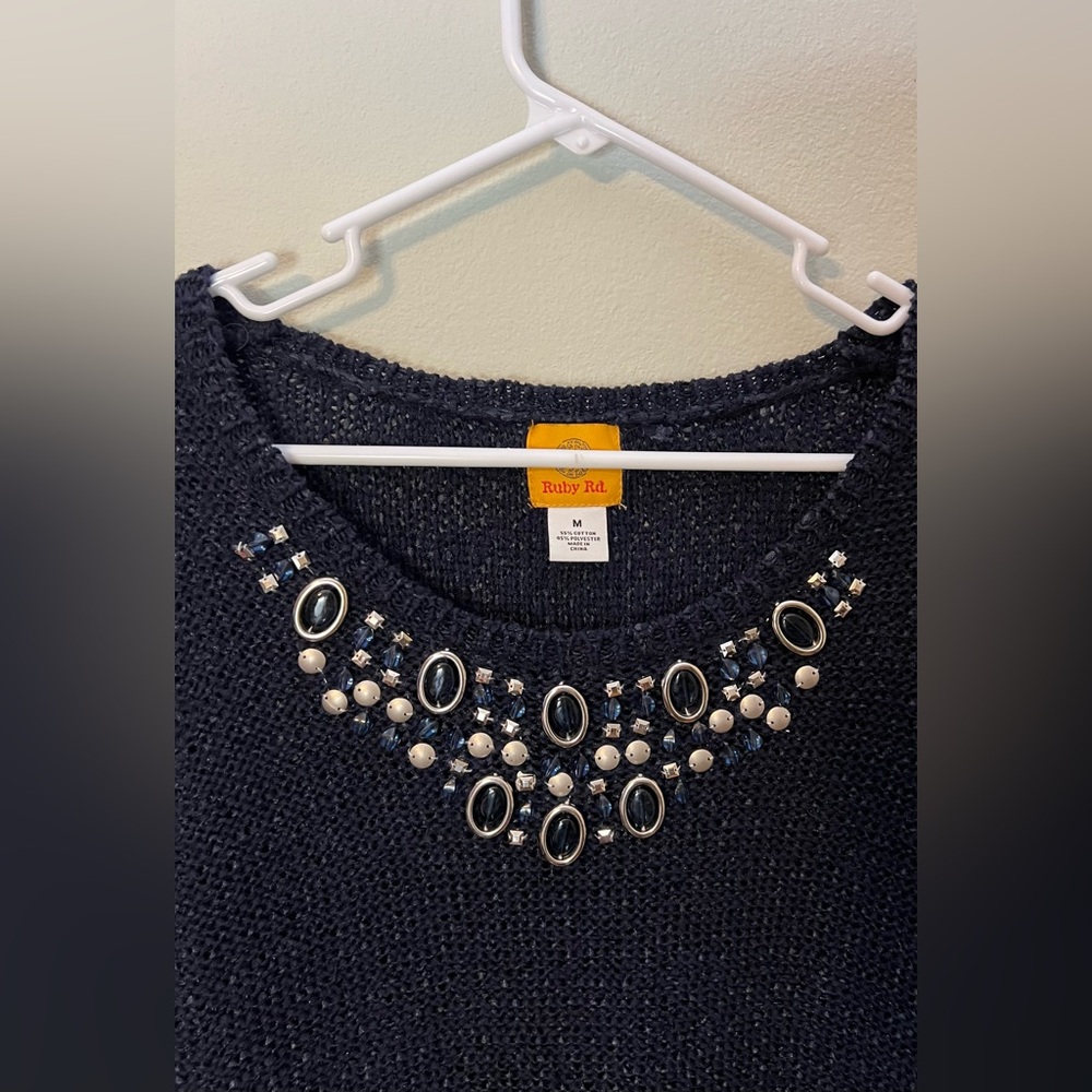 Ruby Rd Dark Navy Blue Beaded Neckline Pullover Fringe Winter Sweater! - Picture 4 of 12